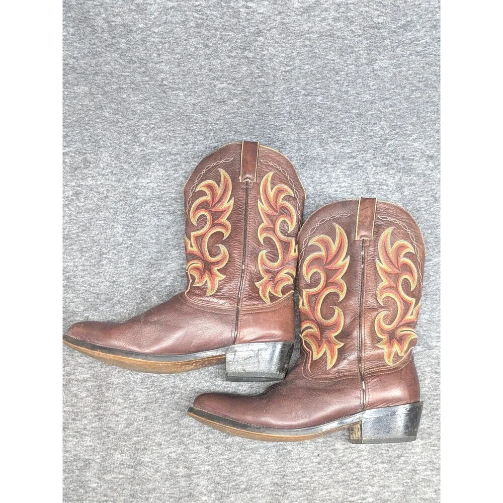 Durango DB933 VTG Brown Leather Cowboy Boots Men's 11.5 D Western Flame Stitch